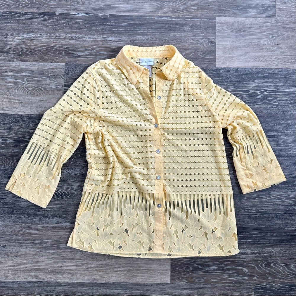 Alfred Dunner Yellow Lace Button Down Shirt Top Floral Crochet Boho Medium